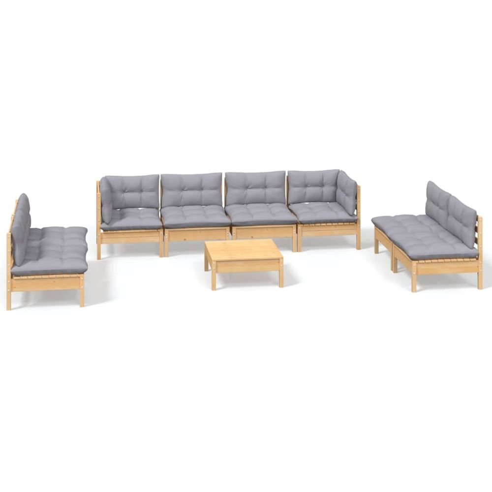 Salon de jardin 9 pcs avec coussins gris bois de pin massif