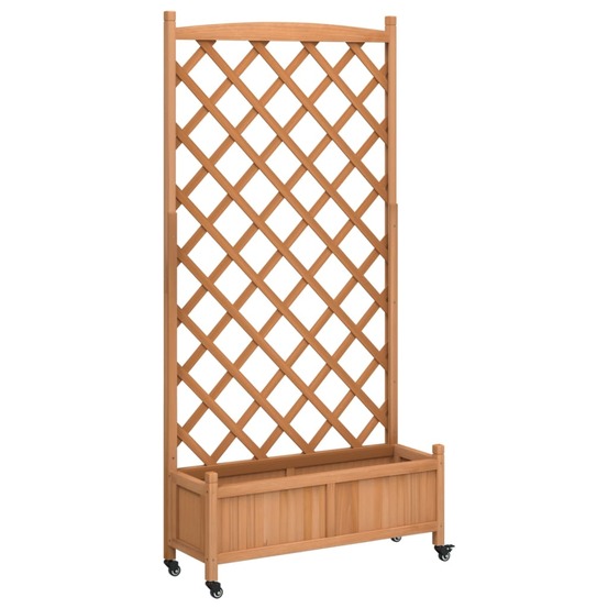 Jardinière avec treillis et roues marron bois massif de sapin