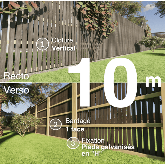 Kit clôture bois moderne 10m – h 2,3m – 20 x 70 mm noir par trempage – pose vertical – simple face – support galva