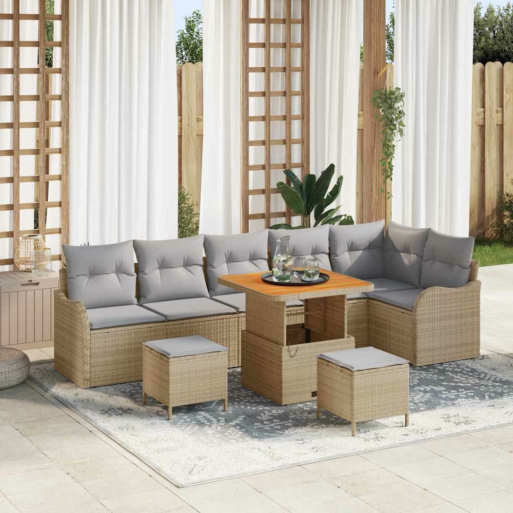 Ensemble de canapé de jardin avec coussin 9 pcs beige polyrotin