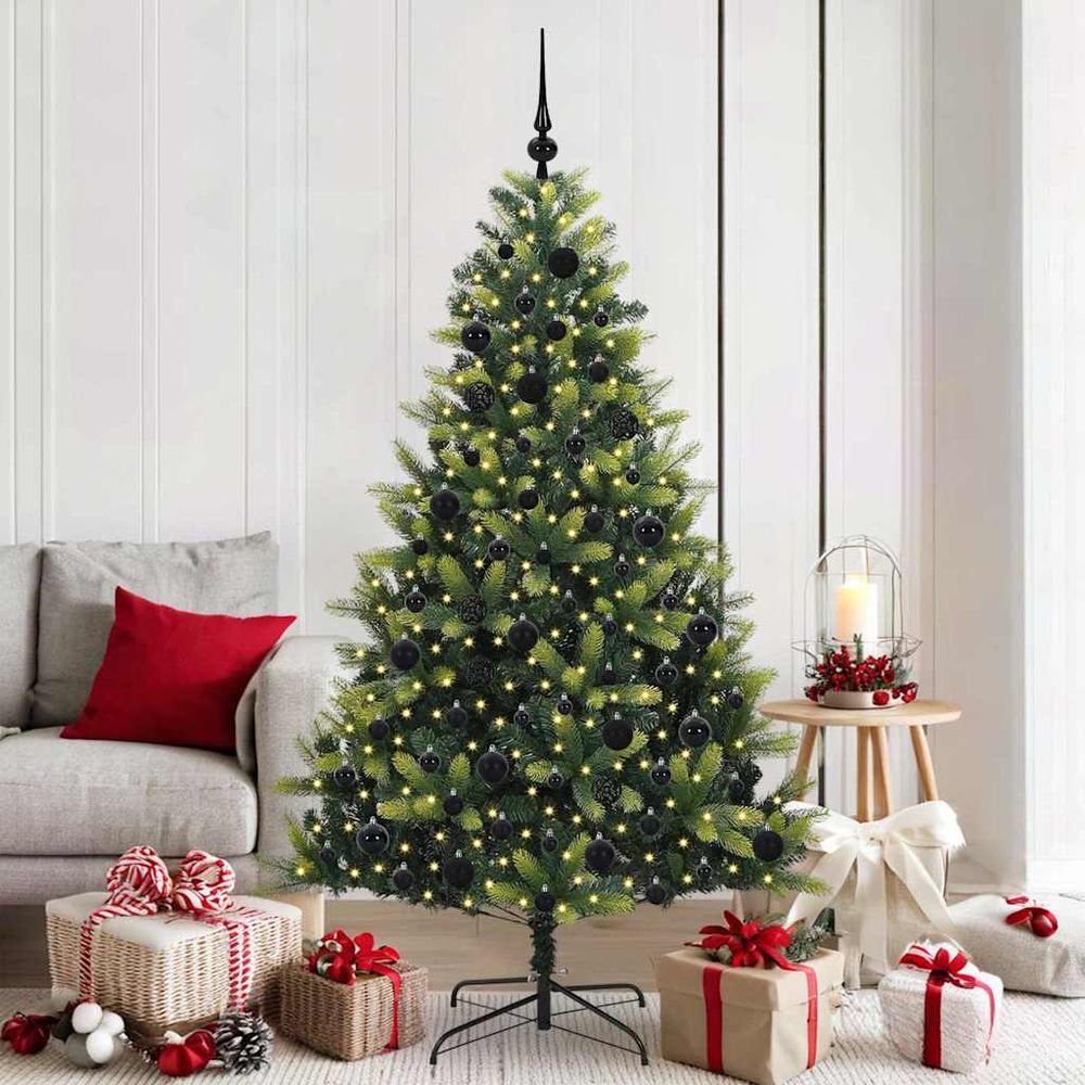 Sapin artificiel décoré 180 cm pour salon, avec guirlande 300 led et 120 boules de noël
