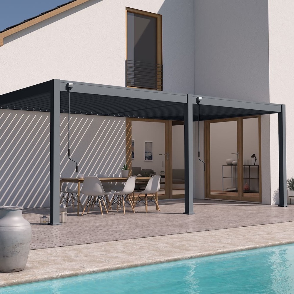 Pergola bioclimatique - ombréa - adossée - 3x6m - anthracite - version 2 - 300x600x258 cm