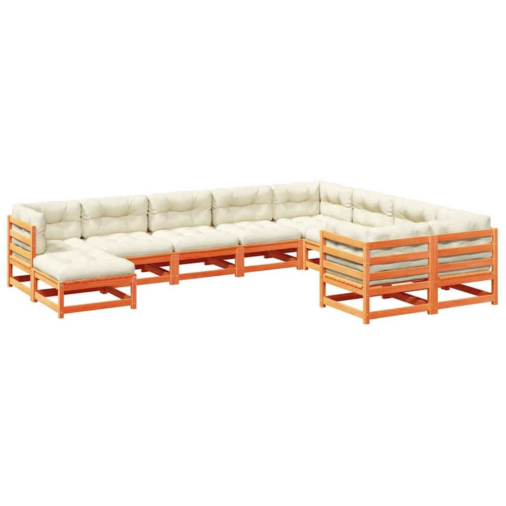 Salon de jardin 10pcs avec coussins cire marron bois pin massif