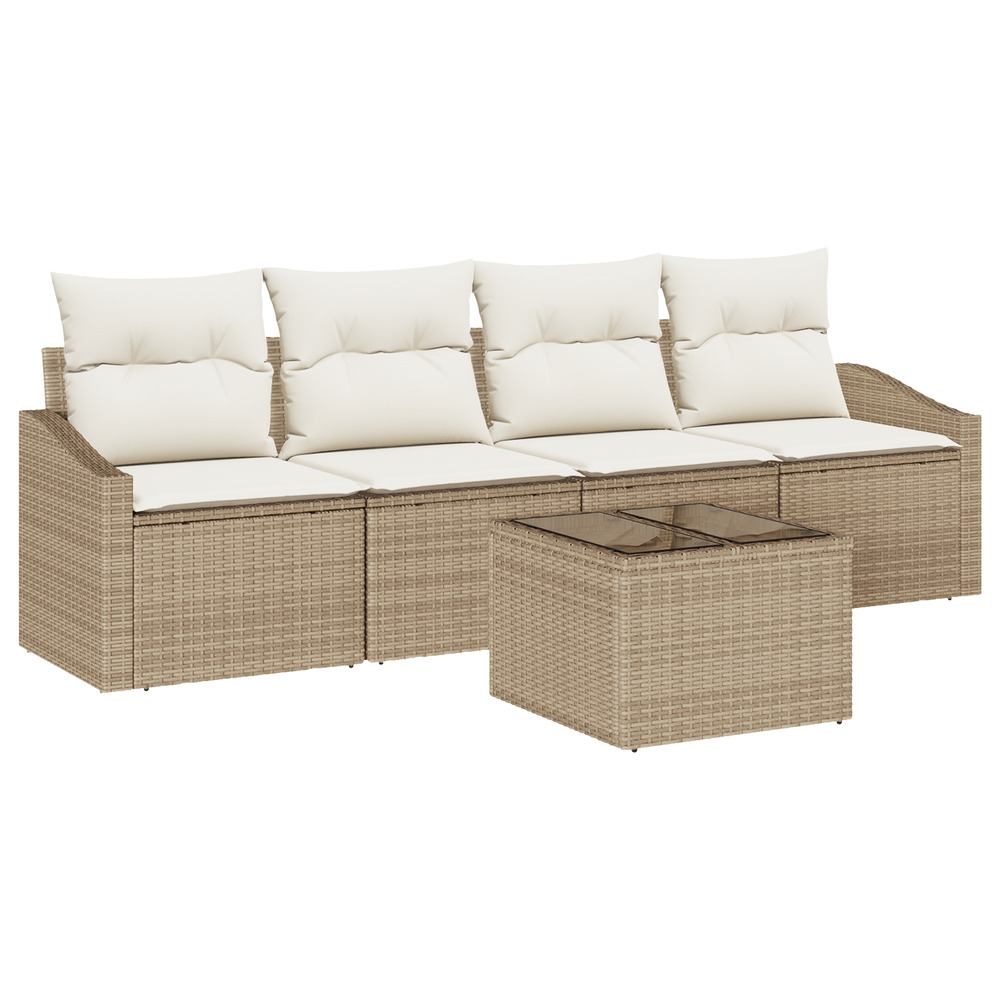 Ensemble de 5 canapés de jardin avec coussins beige en poly rattan