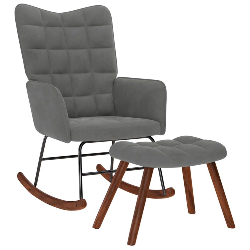 Chaise à bascule avec tabouret en velours gris foncé