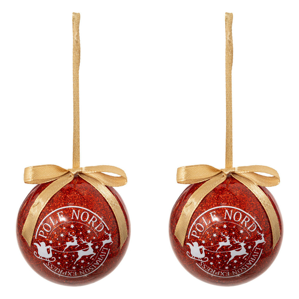 Déco sapin lot de 2 boules de noël rouge pailleté et timbre pole nord d 6 cm
