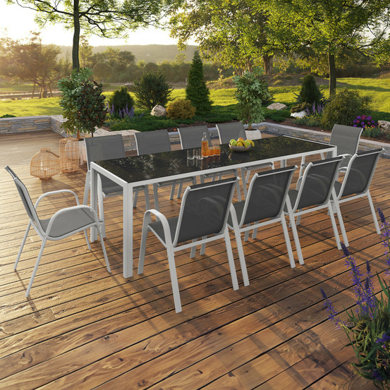 Salon de jardin madrid table 240 cm et 10 chaises empilables blanc et gris