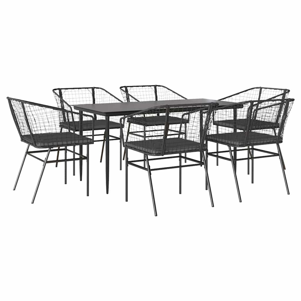 Ensemble à manger de jardin coussins 7pcs noir poly rotin verre