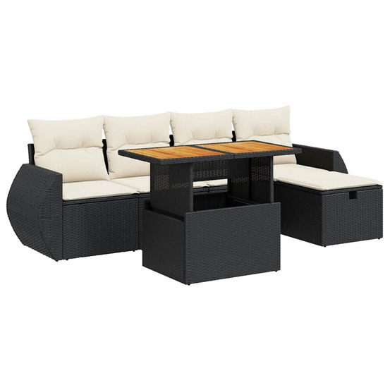 Salon de jardin 6 pcs avec coussins noir résine tressée acacia
