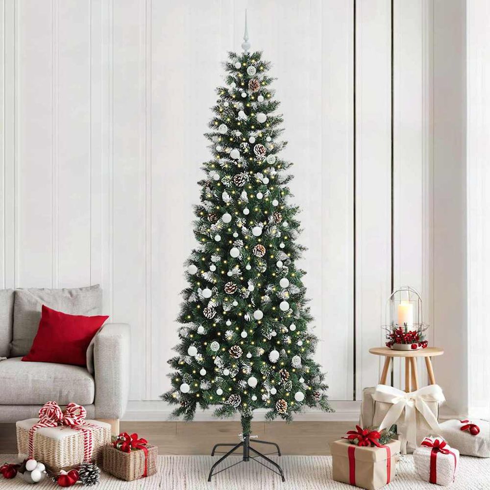 Grand sapin de fêtes 240cm prêt à l'emploi, effet neige avec 300 led et boules