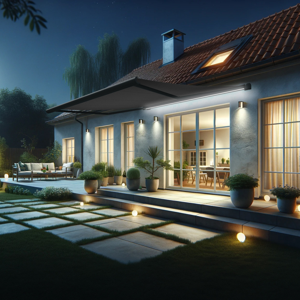 Store banne coffre intégral hevoa 4,05x3,50 m (motorisé secours à télécommande + led - gris anthracite ral7016st - gris graphite)