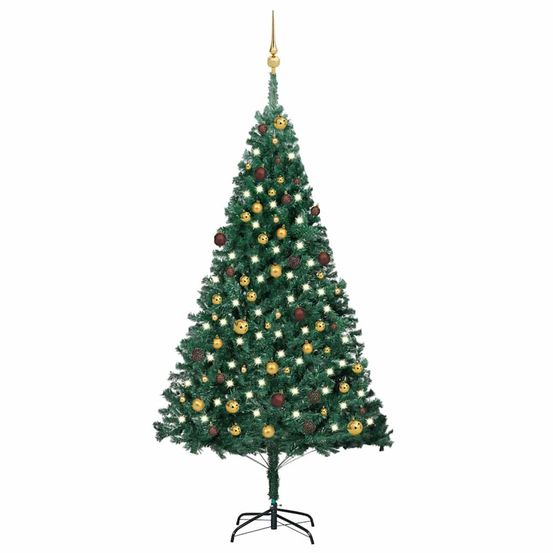 Arbre de noël artificiel pré-éclairé et boules vert 210 cm pvc