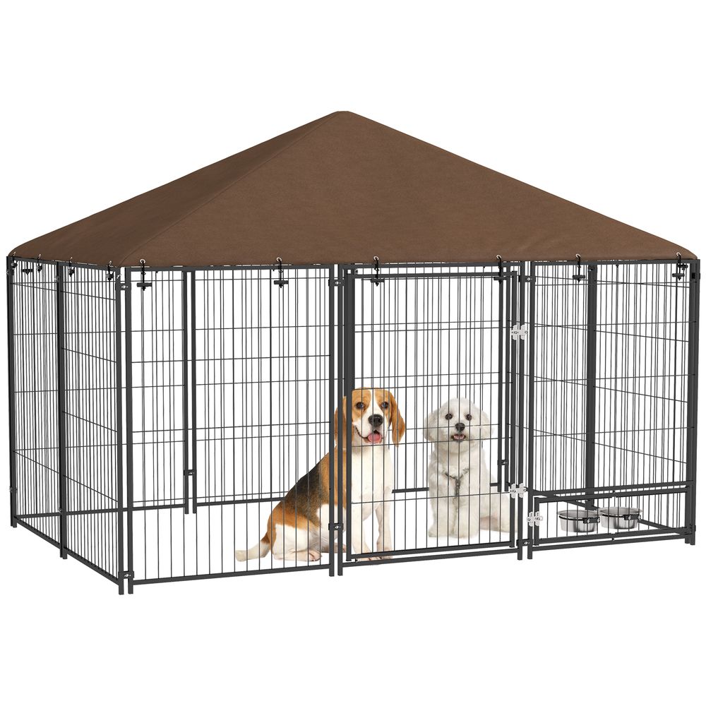 Chenil pour chien extérieur acier oxford noir marron 211 x 141 x 151 cm couvert