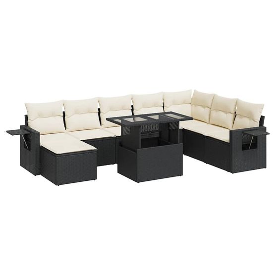 Salon de jardin 9 pcs avec coussins noir résine tressée