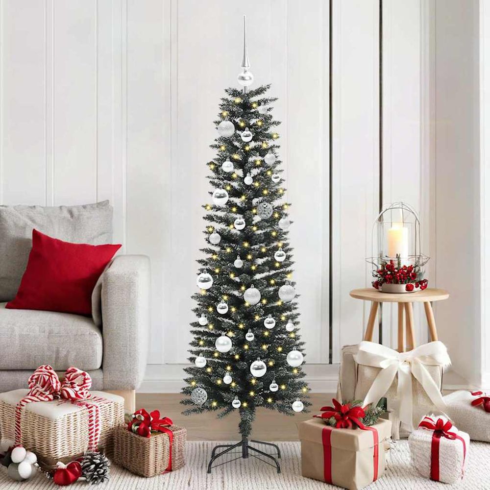 Sapin de noël artificiel enneigé 150 cm, conique avec 150 led & 61 boules incluses