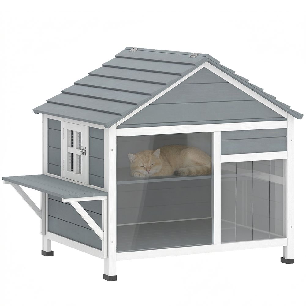 Maison chat 2 niveaux bois sapin extérieur abri fenêtre panoramique gris 101x72x81cm