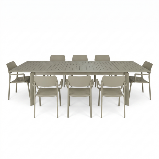Ensemble de jardin extensible 6/10p en aluminium kaki clair 8 fauteuils et coussin beige chiné havana