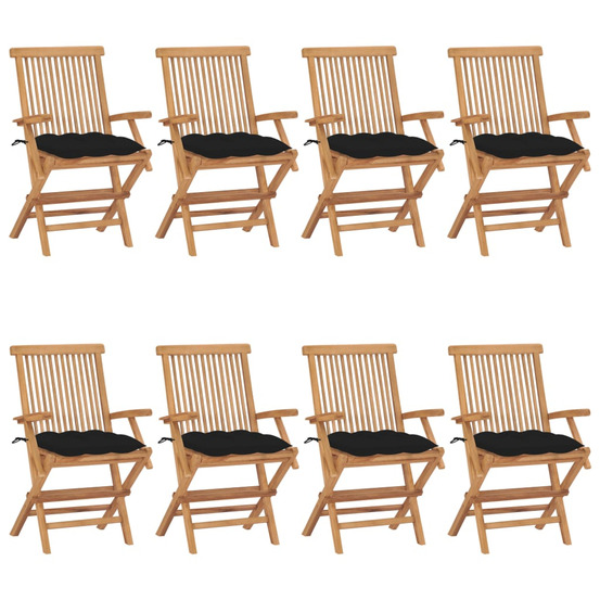 Chaises de jardin avec coussins noir lot de 8 bois teck massif