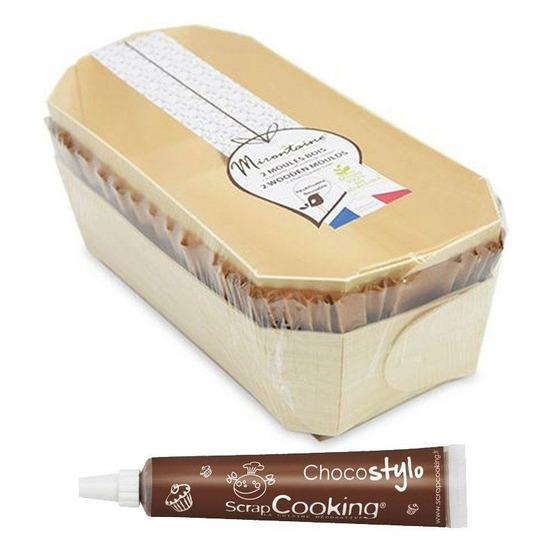 2 moules à cake 24 cm en bois + 4 caissettes de cuisson + stylo chocolat