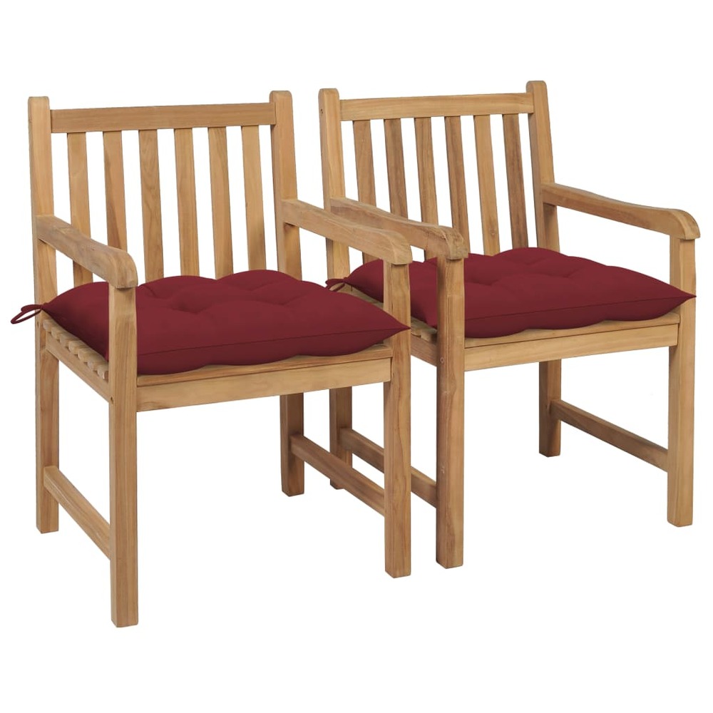 Chaises de jardin lot de 2 avec coussins bordeaux teck massif
