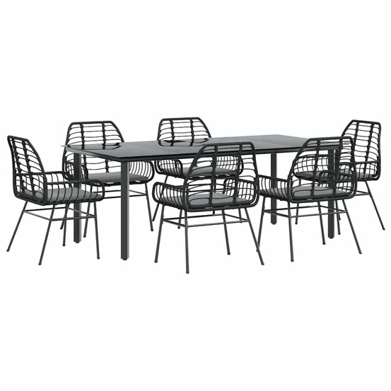 Ensemble à manger de jardin coussins 7pcs noir poly rotin verre