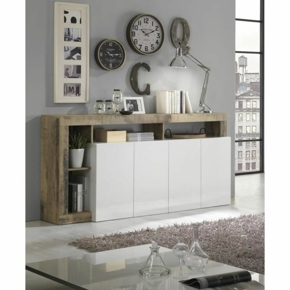 Buffet maestro 4 portes à panneaux de particules effet bois et blanc laqué 184 x 42 x hauteur 93 cm