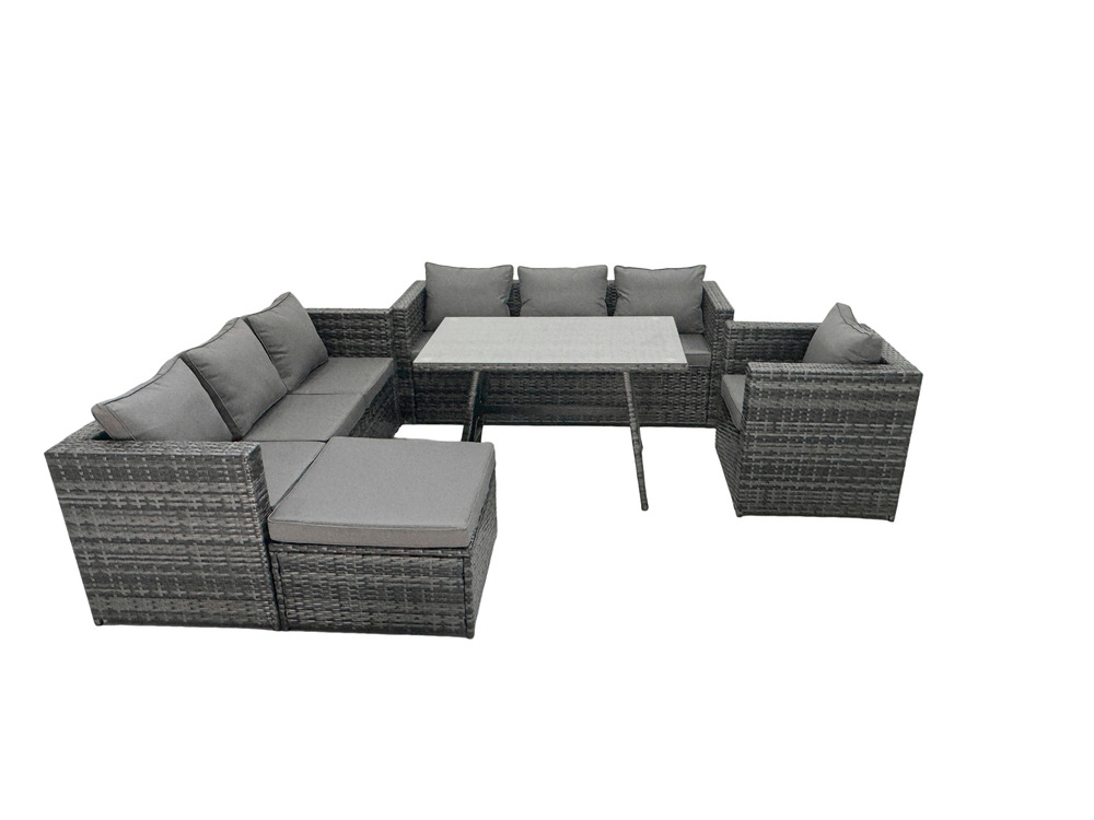 8 places salon de jardin extérieur en résine avec table à manger arm fauteuil et grand tabouret gris foncé mixte