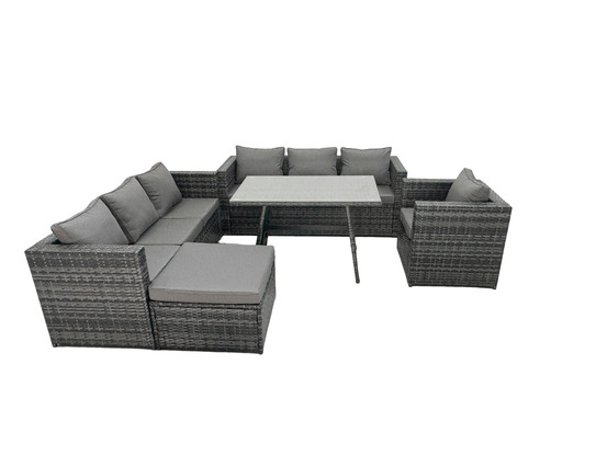 8 places salon de jardin extérieur en résine avec table à manger arm fauteuil et grand tabouret gris foncé mixte