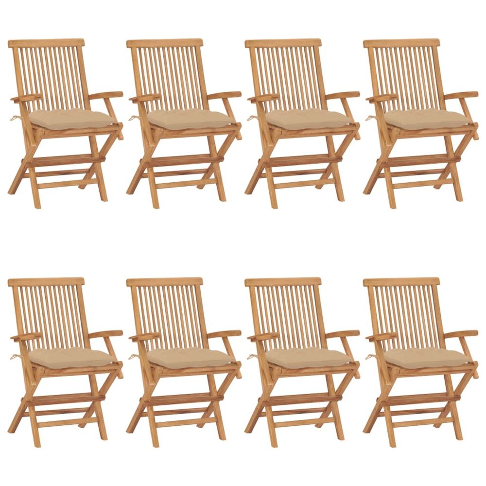 Chaises pliantes avec coussins beiges, 8 pièces, en bois de teck massif