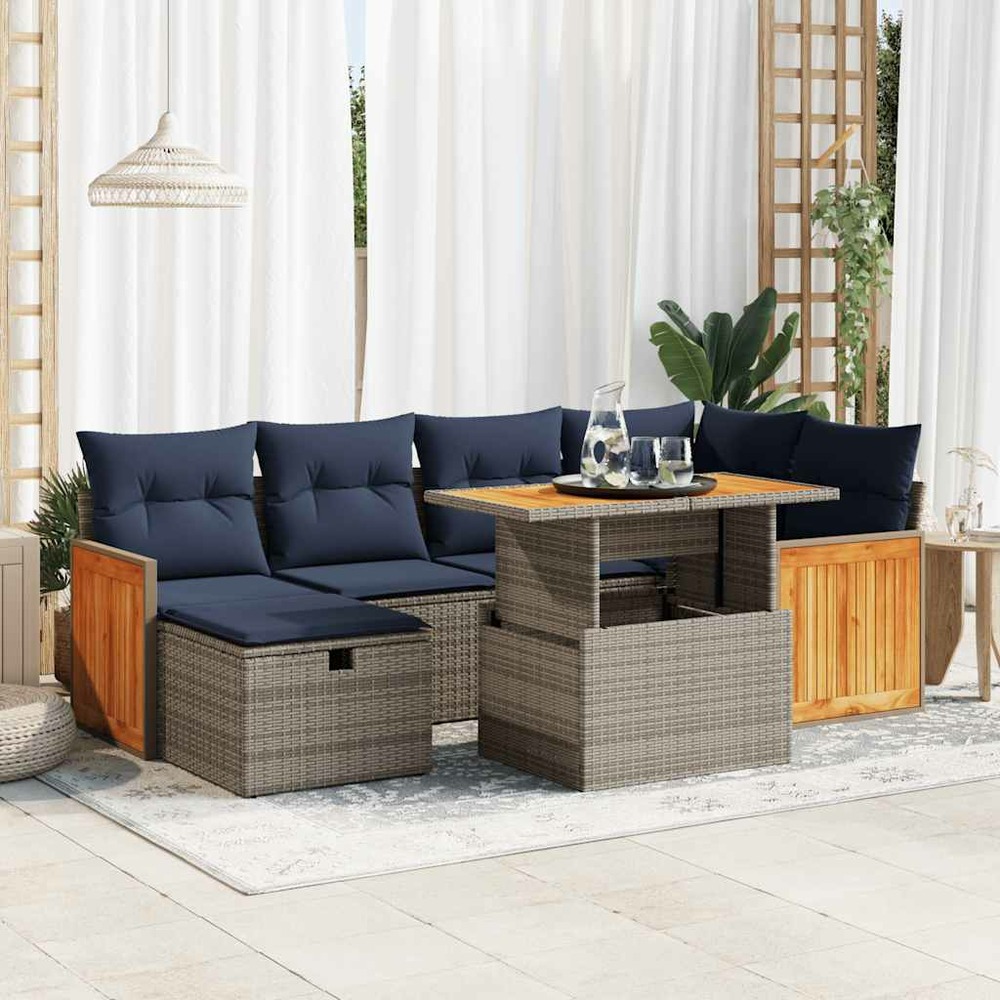 Salon de jardin avec coussins 7 pcs gris résine tressée acacia