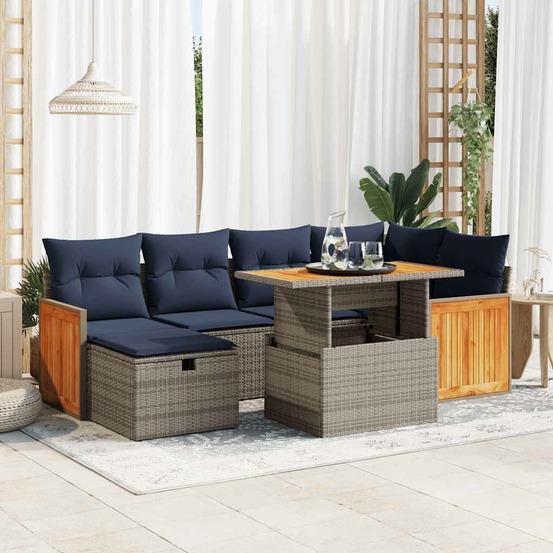 Salon de jardin avec coussins 7 pcs gris résine tressée acacia