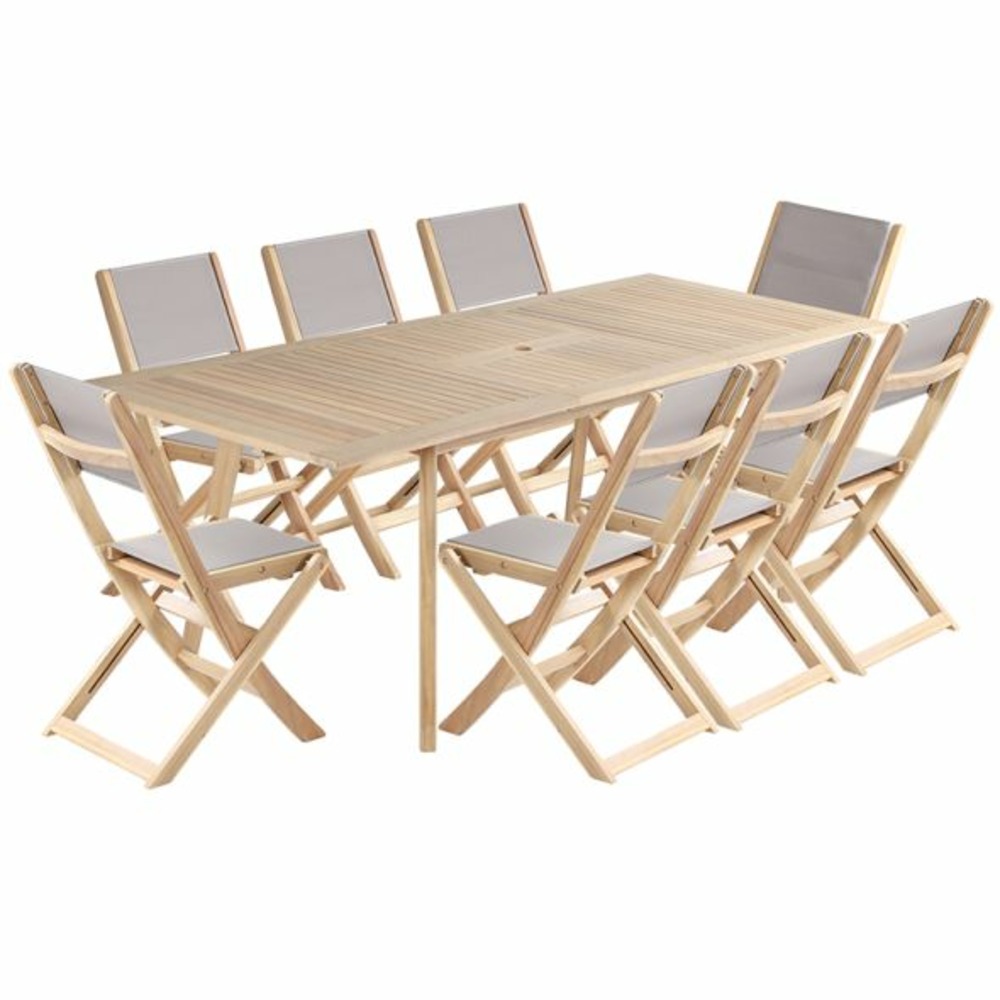 Ensemble table et 8 chaises mola 160/220cm bois d'acacia et textilène