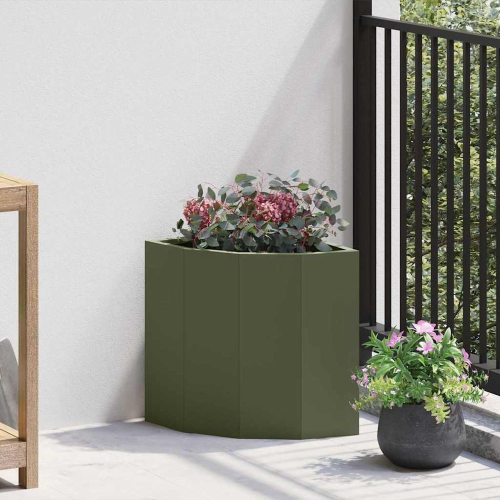 Jardinière d'angle en acier pour balcon et terrasse vert olive 30x30x35 cm