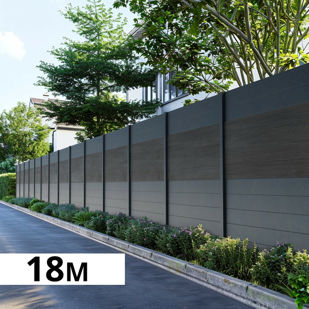 Kit clôture aluminium bahia & cruz ardoise 18,33x1,8m - bois composite & aluminium - poteaux gris - brise vue - palissade