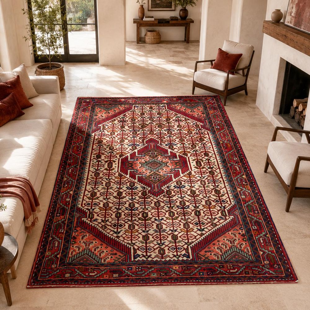 Tapis d'orient, 103 x 152 cm, rouge, crème et bleu, noué main, hamadan 44