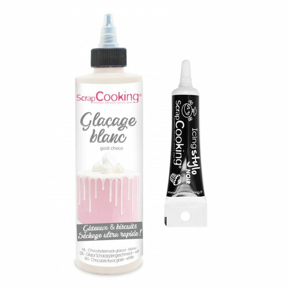 Glaçage goût chocolat 130 g blanc + stylo de glaçage noir