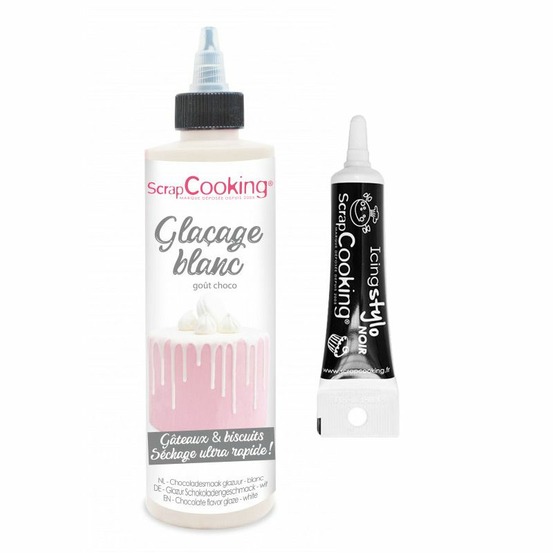 Glaçage goût chocolat 130 g blanc + stylo de glaçage noir