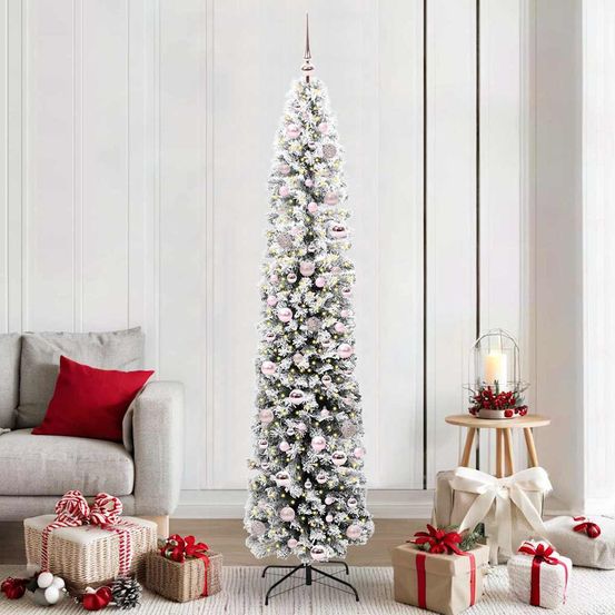 Sapin de noël artificiel 210 cm kit complet avec 300 led, étoile et 120 boules argentées