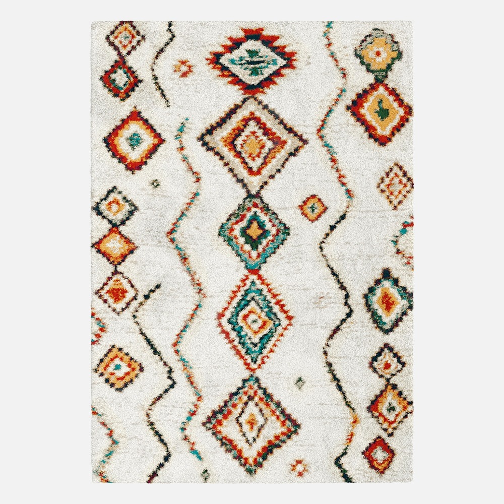 Tapis intérieur shaggy, style berbère, poils longs, crème et multicolore