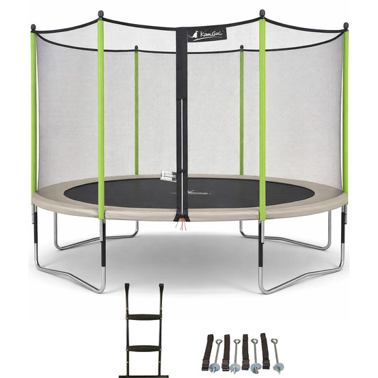 Trampoline ø 430 cm + filet + échelle + kit d'ancrage - jumpi 430 - taupe/vert