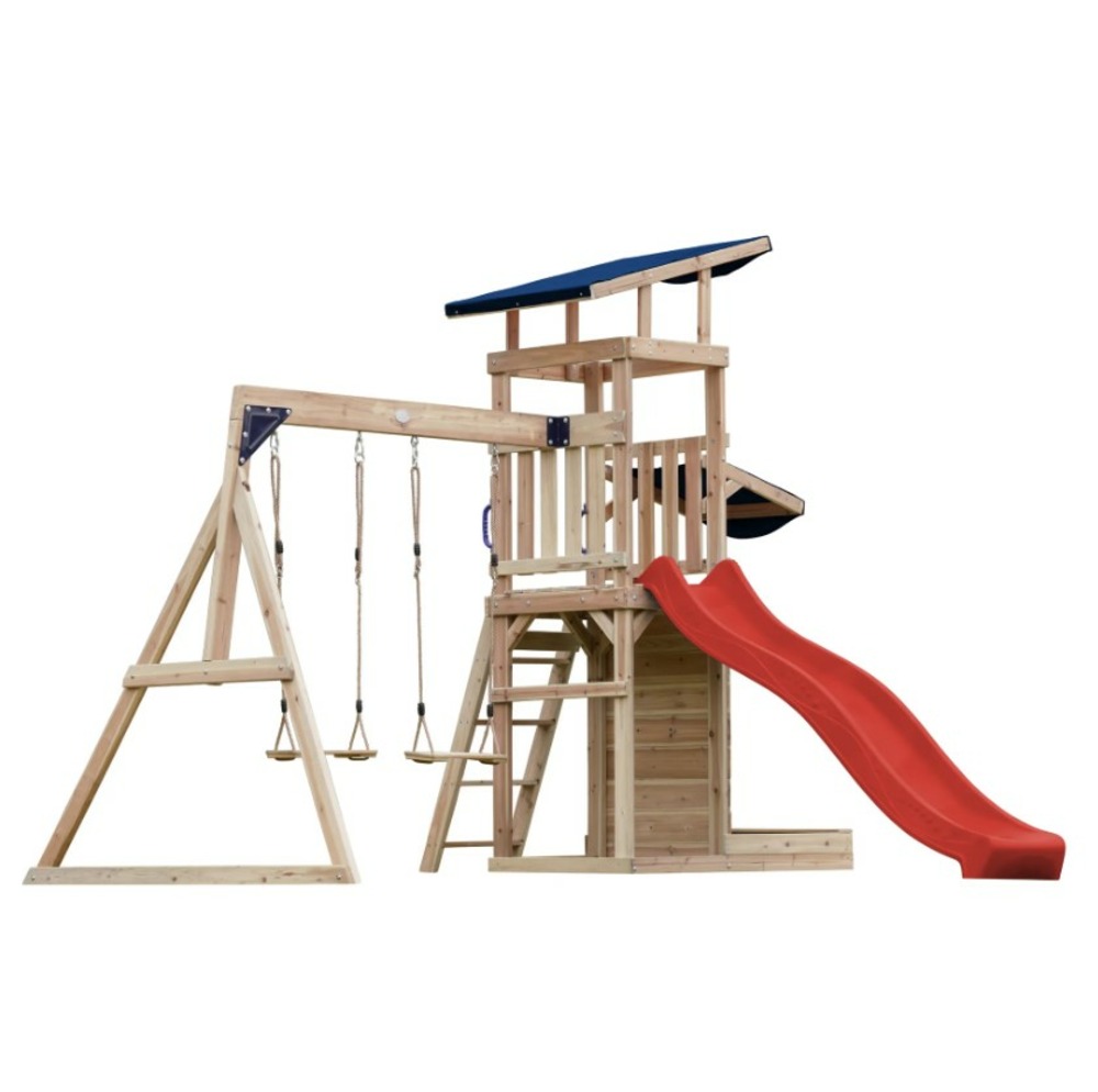 Portique malik 2 balançoires + mur toboggan rouge