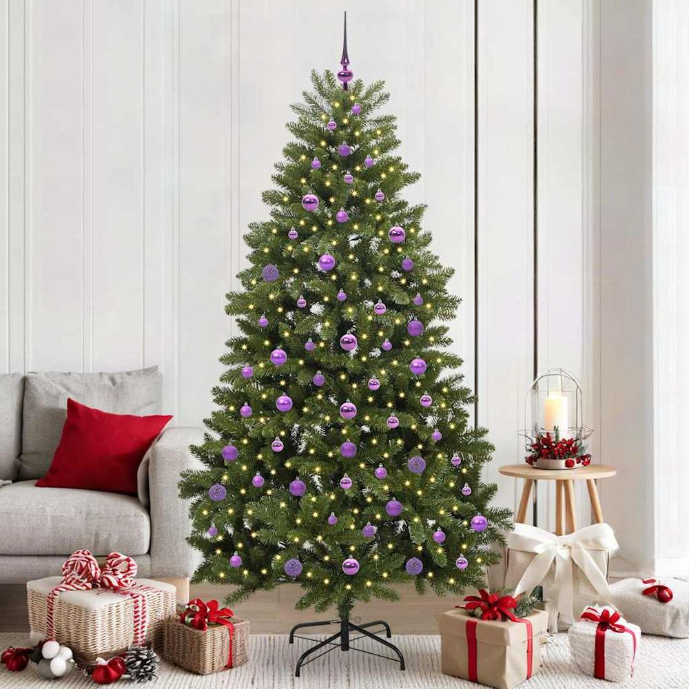 Kit sapin de noël artificiel 210 cm avec lumières led et set de 120 boules assorties
