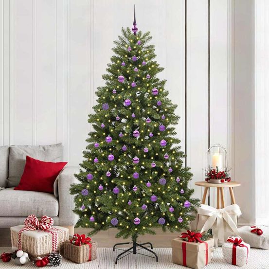 Kit sapin de noël artificiel 210 cm avec lumières led et set de 120 boules assorties