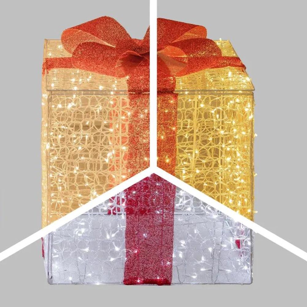 Paquet cadeau lumineux 3d 65cm 550 led blanc chaud doré nœud rouge 9 jeux lumière ip44 lotti