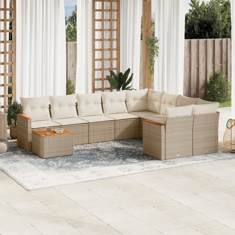 Salon de jardin avec coussins 10 pcs beige résine tressée