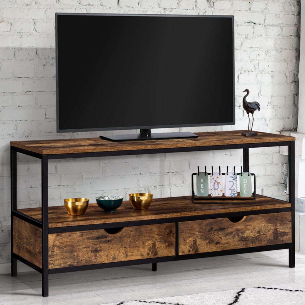 Meuble tv 113 cm dayton 2 tiroirs bois effet vieilli design industriel