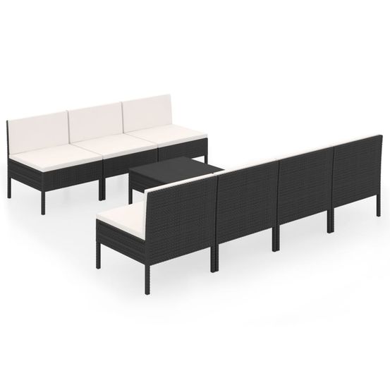 Salon de jardin 8 pcs avec coussins résine tressée noir