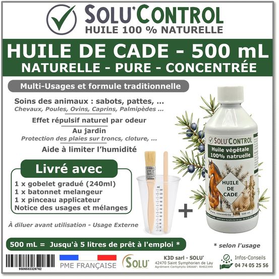 Huile de cade pure concentrée – soin traditionnel multi-usages pour animaux, sabots, bois et zones exposées –flacon de 500 ml