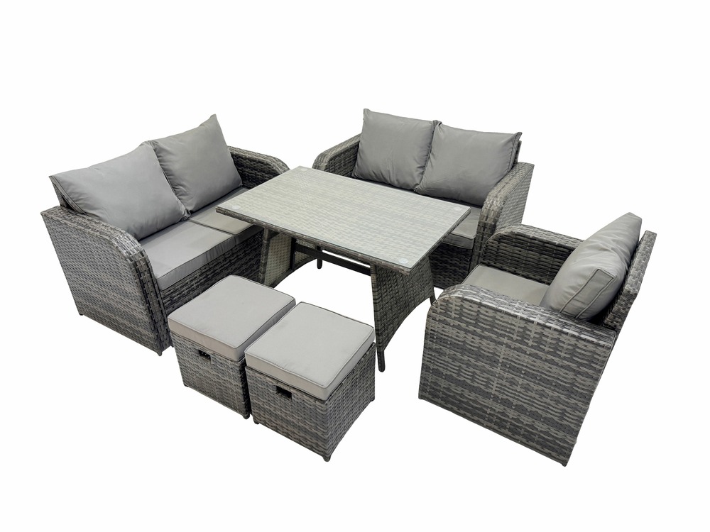 6 pièces ensemble de meubles de jardin en rotin avec table à manger fauteuil canapé d'amour 2 petits tabourets gris foncé mixte