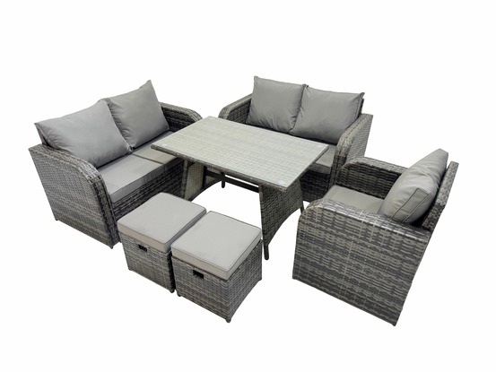 6 pièces ensemble de meubles de jardin en rotin avec table à manger fauteuil canapé d'amour 2 petits tabourets gris foncé mixte